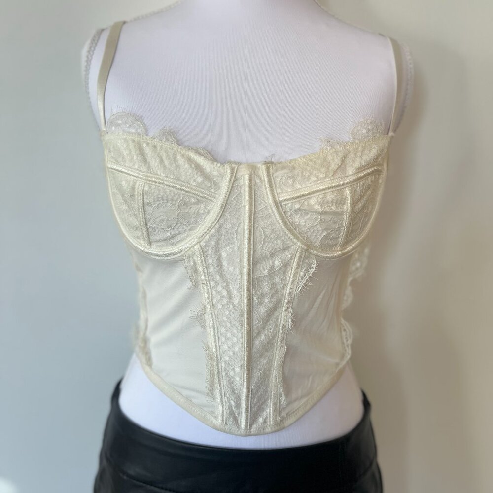 LA Hearts White Lace Trim Mesh Corset Top